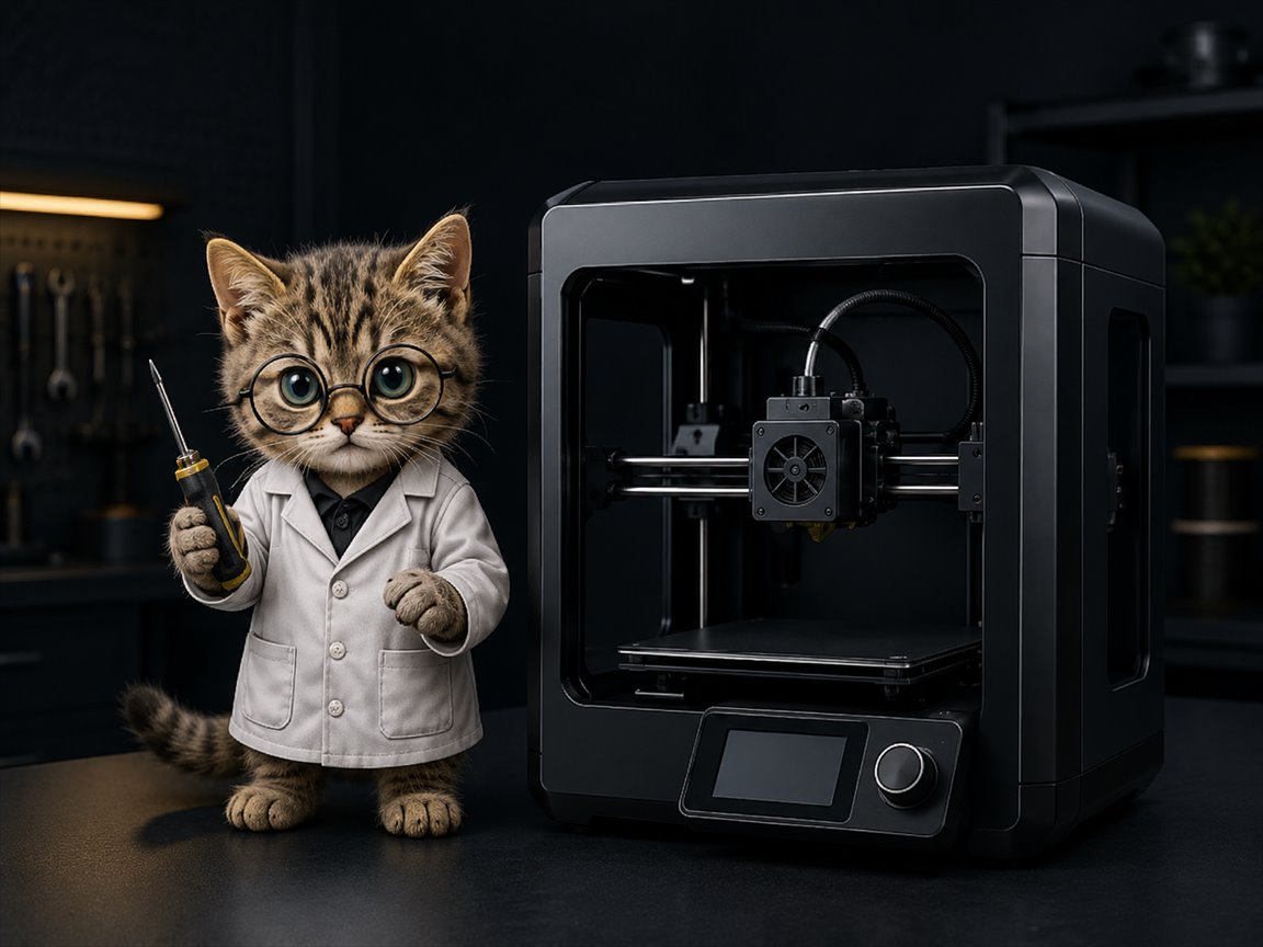 Кот-изобретатель рядом с 3D-принтером в мастерской