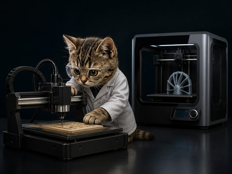 Кот работает на настольном CNC-станке